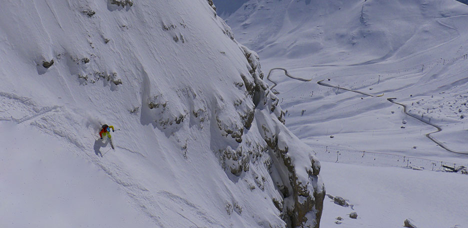 Steep Skiing in the Sella Couloirs to Pordoi, Joel & Holzer